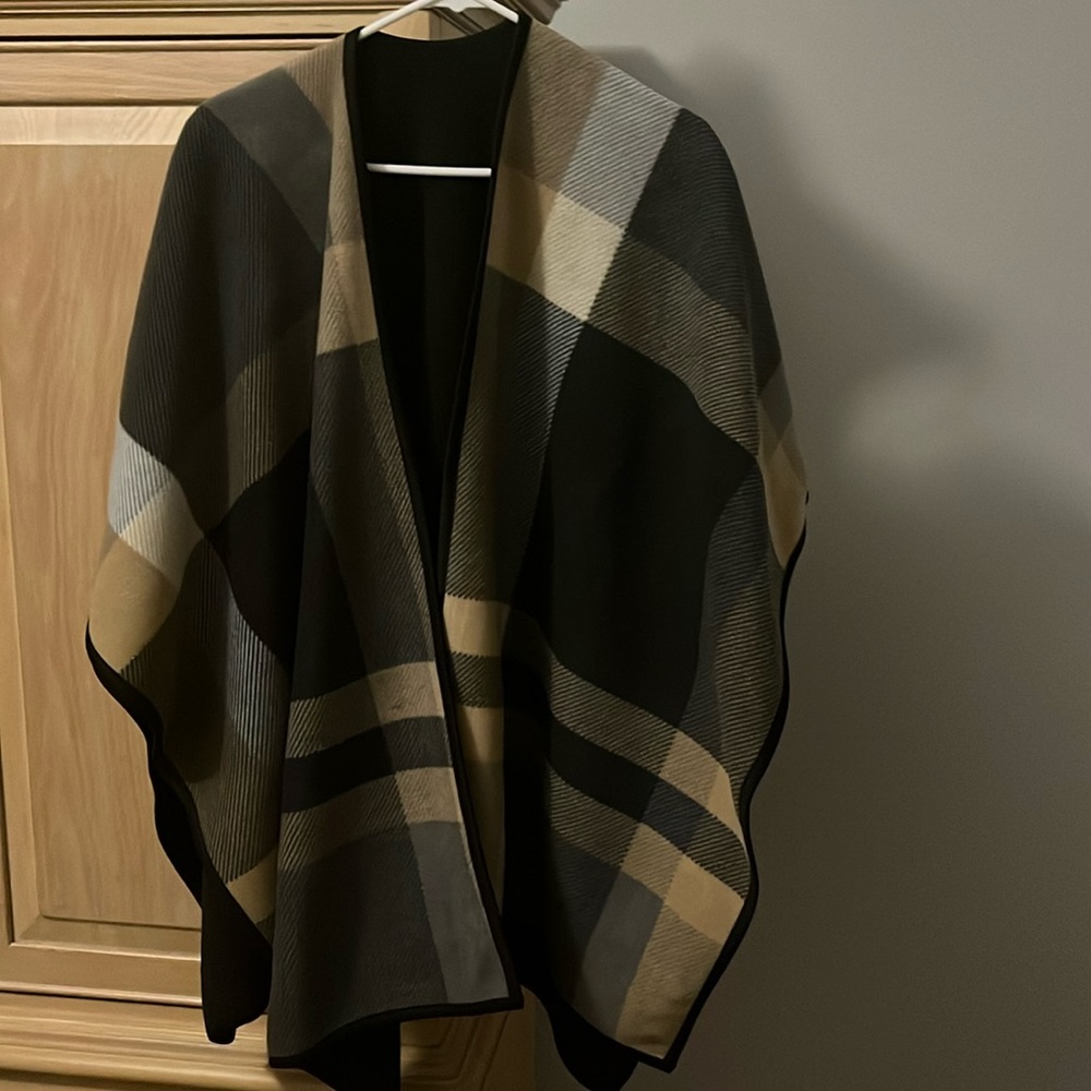 OS black, tan, gray plaid shrug